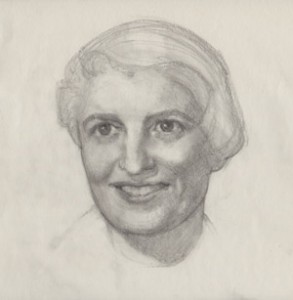 Study by the Artist in graphite from a photograph of Ayn Rand. Preparatory sketch for the portrait sculpture. Copyright © Sandra J. Shaw Studio 2011.